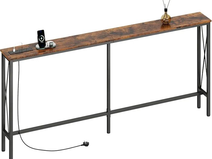 Narrow Console Sofa Table with Power Outlets, Total 180cm Long Behind Couch Table with Charge Station, 20cm D x 180cm W x 78cm H, Rustic Brown