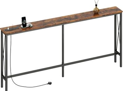 Narrow Console Sofa Table with Power Outlets, Total 180cm Long Behind Couch Table with Charge Station, 20cm D x 180cm W x 78cm H, Rustic Brown