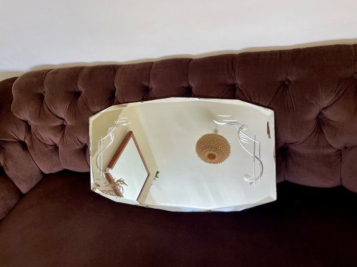 Large Vintage Mid Century Bevelled Mirror with Chain Reverse Etched Chinoiserie Detail