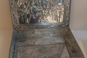 Fabulous Rembrandt's The Night Watch Vintage Hinged Biscuit Tin with a Raised Relief Reproduction of the Famous Painting, Attributed to the Victoria Biscuit Company of Holland