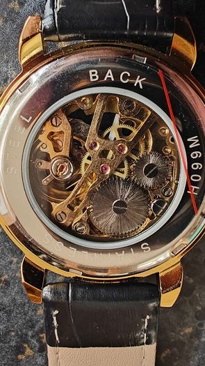 Skeleton Mechanical Watch Black & Gold Case with Black Leather Strap