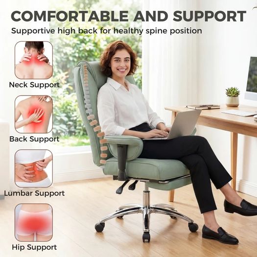 Executive Office Chair, Reclining Desk Chair with Footrest, Adjustable Armrests, Pet Friendly Faux Leather, Green