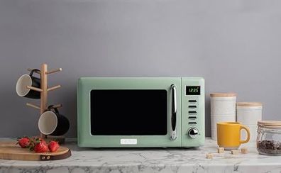 Haden Cotswold Green Microwave Oven  800W Retro Design, 20L Capacity, Compact Digital Microwave for Small Kitchens, 5 Power Levels, Easy to Use and Clean with Defrost and Express Functions
