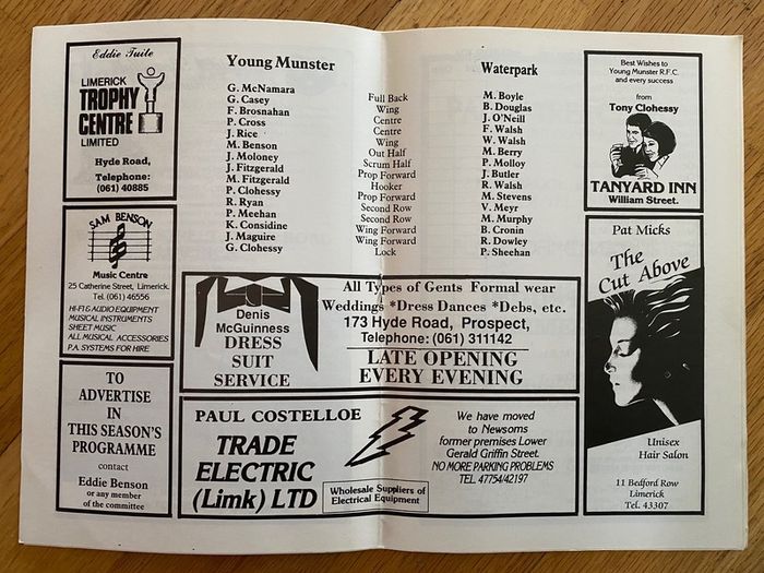 1989 Young Munster v Waterpark - Munster Senior League Programme