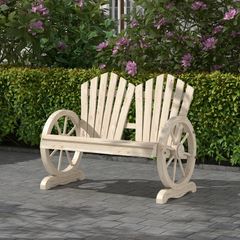 Natural Fir Wood Love Seat Bench, Wheel-Shaped Armrests, Heavy-Duty Load-Bearing Design, Rustic Wooden Finish