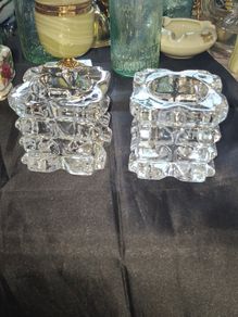 Pair of Heavy, Clear Crystal Glass Cube Shaped Votive Candle Holders,