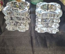 Pair of Heavy, Clear Crystal Glass Cube Shaped Votive Candle Holders,