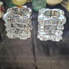 Pair of Heavy, Clear Crystal Glass Cube Shaped Votive Candle Holders,