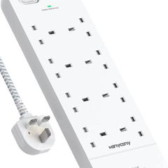 Extension Lead with 2 USB C Slots, 8 Way Power Strip Surge Protector | 4 USB Ports, 1800J Surge Protection, 1.8M Braided Extension Cord, Double Switch Multi Plug Outlets Socket for Home Office