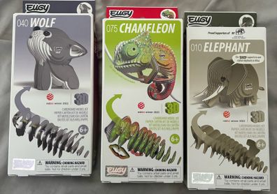 Eugy 3D Cardboard Model Kits Set (Wolf, Chameleon ,Elephant)