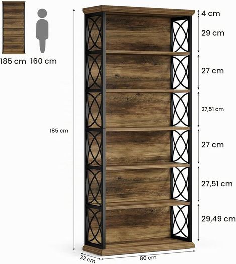 6 Tier Vintage Industrial Bookcase 185 cm High Standing Shelf Wood, Open Display Shelf with Metal Frame