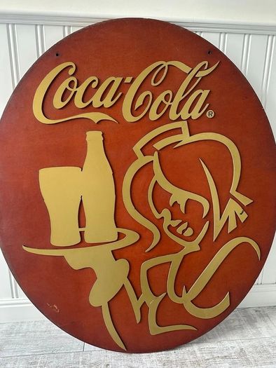 Rare 110cm Coca-Cola Tavern Double Sided Wood Swing Sign 3D Metal Relief 1970s