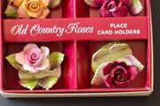 Old Country Roses Royal Albert Ornaments 8 piece lot, 2 Shoes, Wheel Barrow, Basket and 4 Place Card Holders Collection or Postage