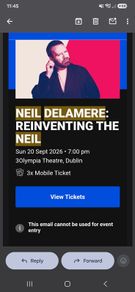 Neil delamere tickets x 3. Seated together