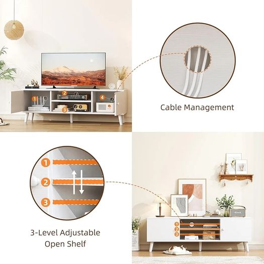 TV Stand for 55, 65 Inch TV, Entertainment Center with Adjustable Shelf, TV Console with 2 Cabinets, Media Console, Storage White TV Stand, 4 Cord Holes, for Living Room, Bedroom - White