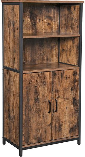 Bookcase, Book Cabinet, Office Shelf, Kitchen Cabinet with 2 Open Compartments, Adjustable Shelf in Cupboard, Multifunctional, Industrial Design, Vintage Brown/Black