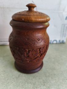 Vintage Jar with a lid / wood urn || hand carved floral ornaments || Hand made / cylinder shape