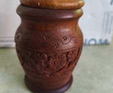 Vintage Jar with a lid / wood urn || hand carved floral ornaments || Hand made / cylinder shape