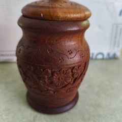 Vintage Jar with a lid / wood urn || hand carved floral ornaments || Hand made / cylinder shape