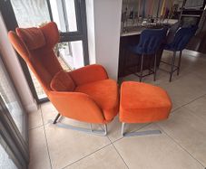 Modern High Back Wing Chair and Footstool Burnt Orange Velvet