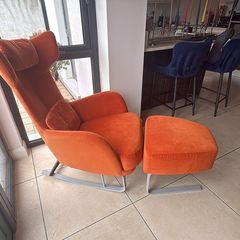 Modern High Back Wing Chair and Footstool Burnt Orange Velvet