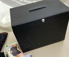 Metal file box , knee supports and window blind could be used to paint on due children or make a banner