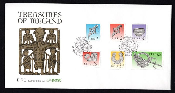 1990 Ireland Seventh Definitive Series Treasures of Ireland (1p, 2p, 4p, 10p, 34p and IR2) An Post First Day Cover (FDC) with Corcaigh (Cork) pictorial cancel