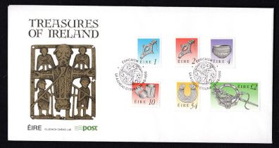 1990 Ireland Seventh Definitive Series Treasures of Ireland (1p, 2p, 4p, 10p, 34p and IR2) An Post First Day Cover (FDC) with Corcaigh (Cork) pictorial cancel
