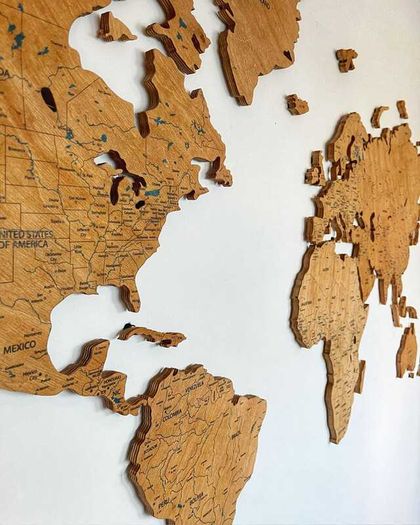 2D Premium Wooden World Map Country Borders US and Canada States Borders Country Names Country Capital Names 400 World Biggest City Names