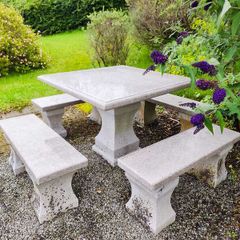 Genuine Marble Garden Table & 4 Matching Benches - High Quality Set