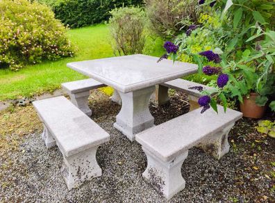 Genuine Marble Garden Table & 4 Matching Benches - High Quality Set
