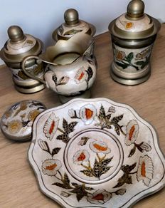 Heavy solid brass enamelled kitchen set
