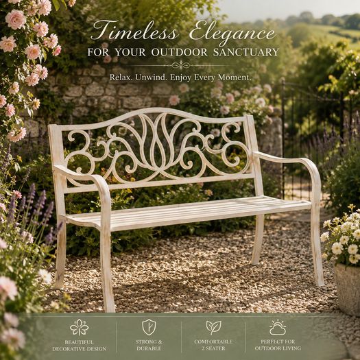 Antique White 2 Seater Metal Garden Bench with Decorative Scroll Backrest