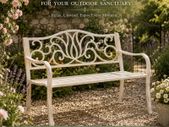 Antique White 2 Seater Metal Garden Bench with Decorative Scroll Backrest