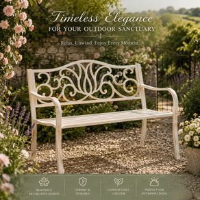 Antique White 2 Seater Metal Garden Bench with Decorative Scroll Backrest