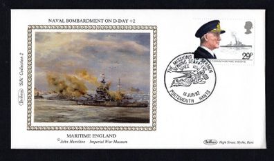 1982 Great Britain Benham Silke Cover commemorating Naval Bombardment on D-Day +2  with linked cancel tying 29p Viscount Cunningham and H.M.S. Warspite commemorative stamp