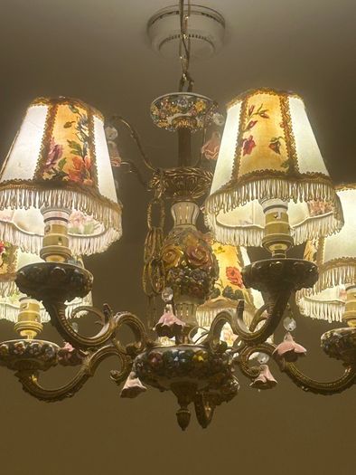 70s Gorgeous Ronantic Brass and Porcelain Chandelier