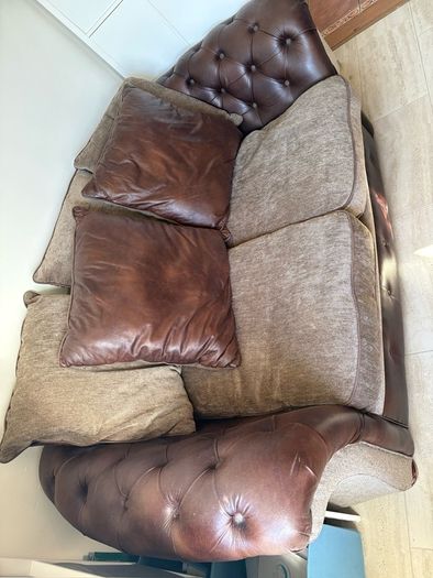 Chesterfield type leather/fabric brown beige sofa
