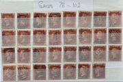 Lot of 31 Victoria Great Britain Penny Red Stamps. Plates 78 to 102, Numerical Cancels. Queen Victoria 1d red, line engraved, Victorian era UK stamps, historical numerical cancels, stamp collection lot, vintage British philately, used postage stamps, SG 4