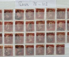 Lot of 31 Victoria Great Britain Penny Red Stamps. Plates 78 to 102, Numerical Cancels. Queen Victoria 1d red, line engraved, Victorian era UK stamps, historical numerical cancels, stamp collection lot, vintage British philately, used postage stamps, SG 4