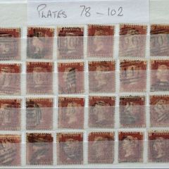 Lot of 31 Victoria Great Britain Penny Red Stamps. Plates 78 to 102, Numerical Cancels. Queen Victoria 1d red, line engraved, Victorian era UK stamps, historical numerical cancels, stamp collection lot, vintage British philately, used postage stamps, SG 4