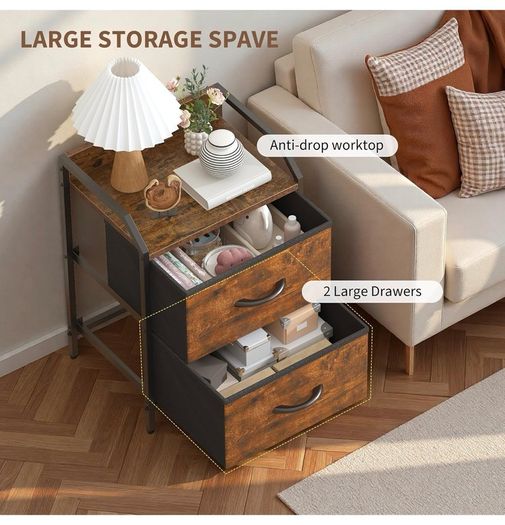 Bedside Table with 2 Storage Fabric Drawers