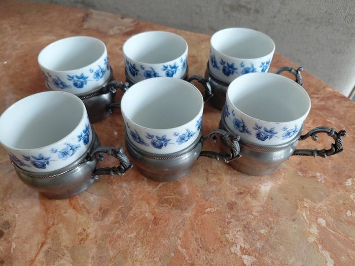 Antique Seltmann Weiden Bavaria set of 6 espresso cups with pewter holders