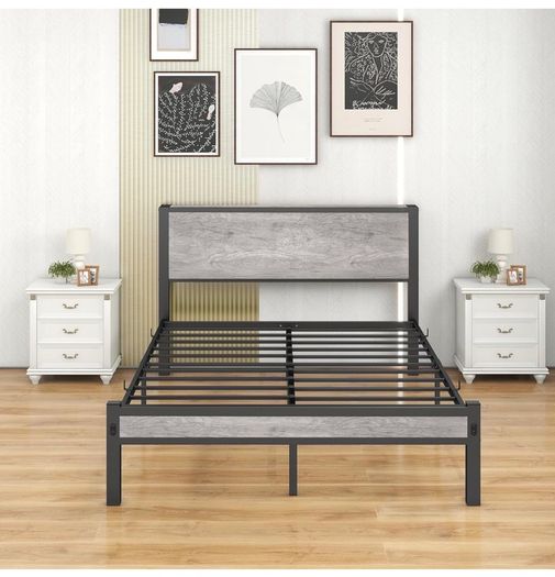 Double Bed Frame Storage Wooden Headboard Metal Platform Grey wood headboard storage shelf. Sturdy metal platform frame, no box spring needed. Quiet strong legs. for master bedroom