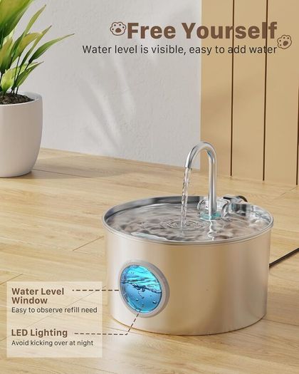 Cat Water Fountain for Drinking: Stainless Steel Cat Fountain - 2.2L Water Fountain Cat Bowl - Pet Water Fountain - Cat Drinking Fountain - Visible Water Level Cat Water Dispensers