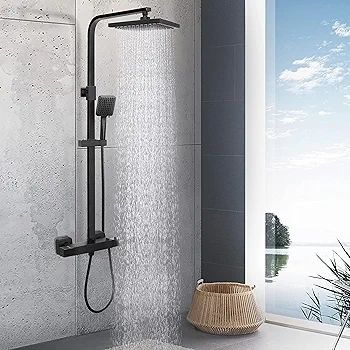 Thermostatic Shower Mixer Set, Thermostat Shower Rail System with Adjustable Rainfall Shower Head, Scalding Protection Bath Tap, Anti-Kink Shower Hose (Square, Matte Black)