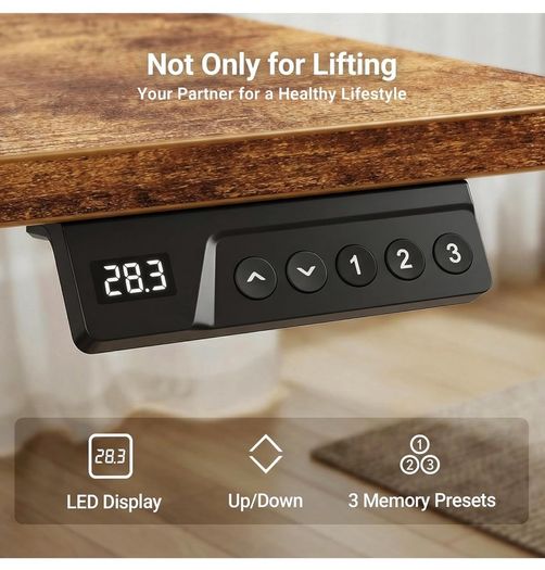 Electric Standing Desk 120x60cm Height Adjustable Desk with 3 Memory Presets & Sit Stand Reminder, Quiet Home Office Computer Desk with LED Display, Cable Holes & Hooks, Rustic Brown