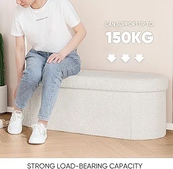 Folding Ottoman Storage Bench,Boucle Footstool Oval, End of Bed Stool, Ideal for Living Room, Bedroom, 100L Storage Space,White,110x38x38cm