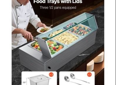 Buffet Food Warmer Stainless Steel 3 Pans with Glass Shield Commercial Countertop Bain Marie 220v