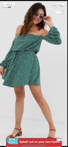 dress asos off shoulder dress size 12 green polka dot